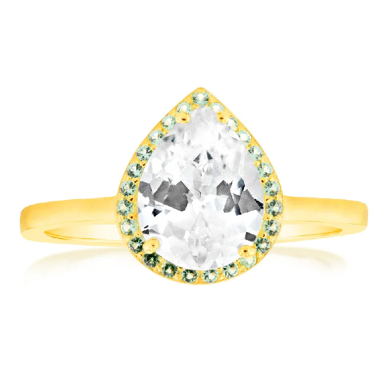 Daisy rings-Sterling Silver Gold Plated Pear Shaped Green And White Zirconia Ring