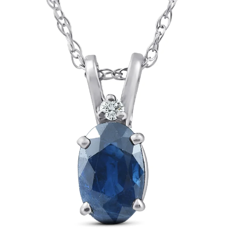 Ten-layer necklaces-Diamond & Blue Sapphire Oval Shaped Solitaire Pendant 14K White Gold & 18" Chain