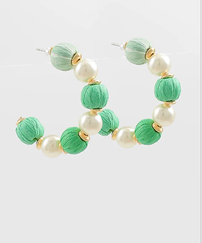 Plaited cord earrings-Pearl Raffia Green Hoop Earrings