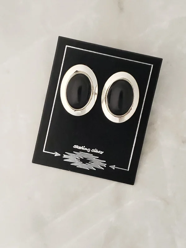 Slim rose earrings-Sterling Silver Stamped Black Onyx Stone Earrings