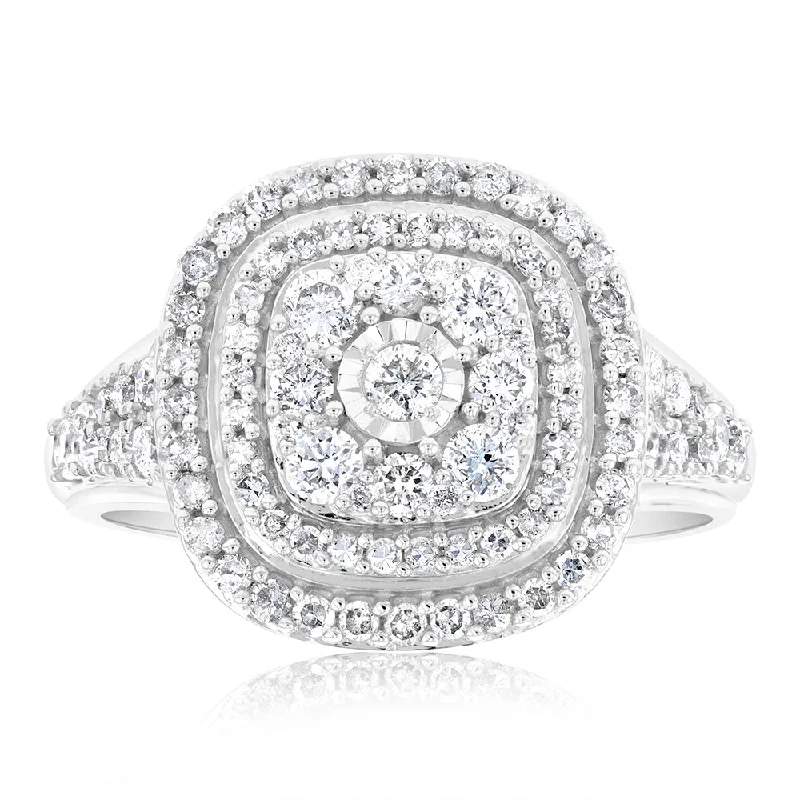 Multi-design rings-0.95 Carat Diamond Cluster Cushion Ring in 10ct White Gold