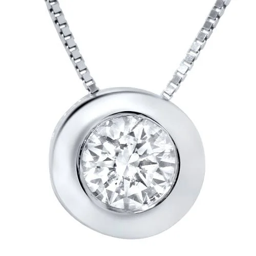 Cultured pearl necklaces-3/4ct IGI Certified Diamond Bezel Solitaire Pendant Round Brilliant Box Chain