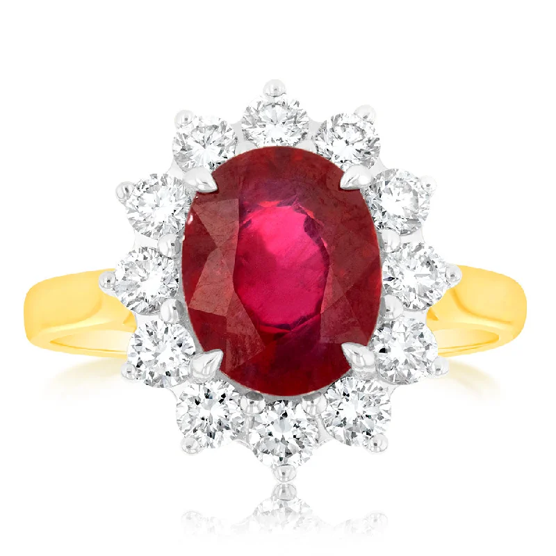 Tide inlay rings-9ct Yellow Gold Luminesce Lab Grown 1 Carat Diamond and 4ct Natural Enhanced Ruby Cocktail Ring