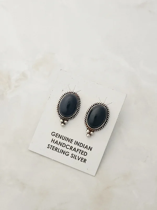 Thin enamel earrings-Stamped Sterling Silver Black Onyx Earrings