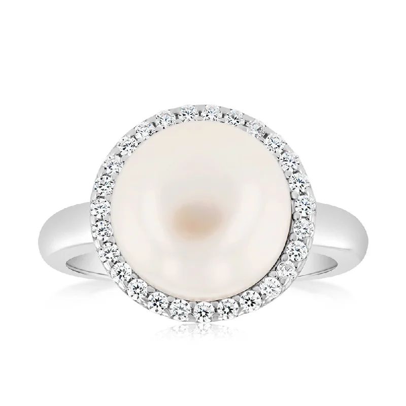 Swirl shape rings-Sterling Silver Fresh Water Pearl And Zirconia Fancy Ring