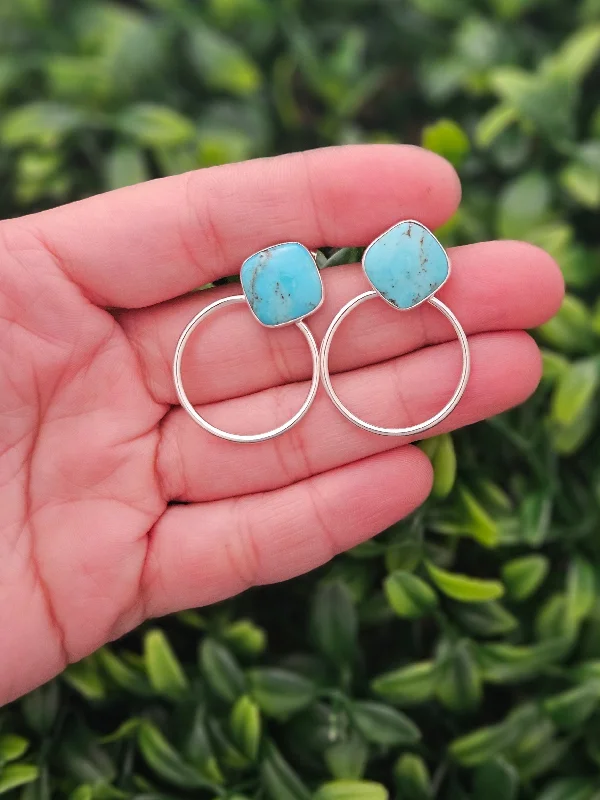 Thin drop earrings-Sterling Silver Turquoise Hoop Earrings