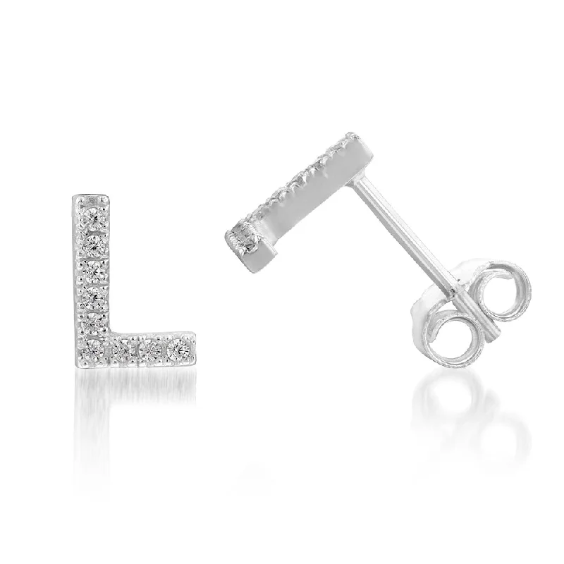 Thin texture rings-Sterling Silver Cubic Zirconia Initial "L" Earring