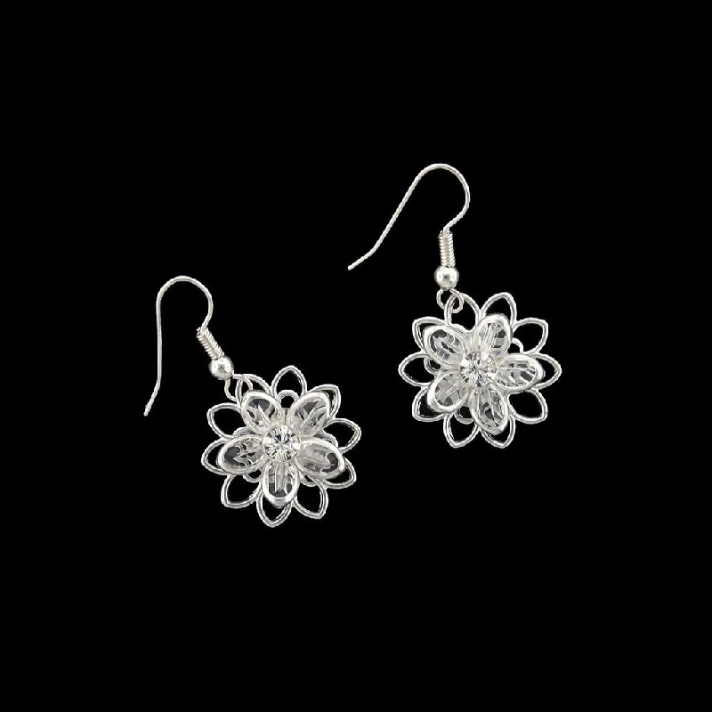 Round dangle earrings-Silver Flower Earrings