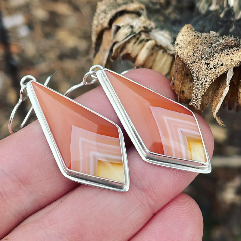 Layered metal earrings-Orange Banded Carnelian and Sterling Silver Earrings