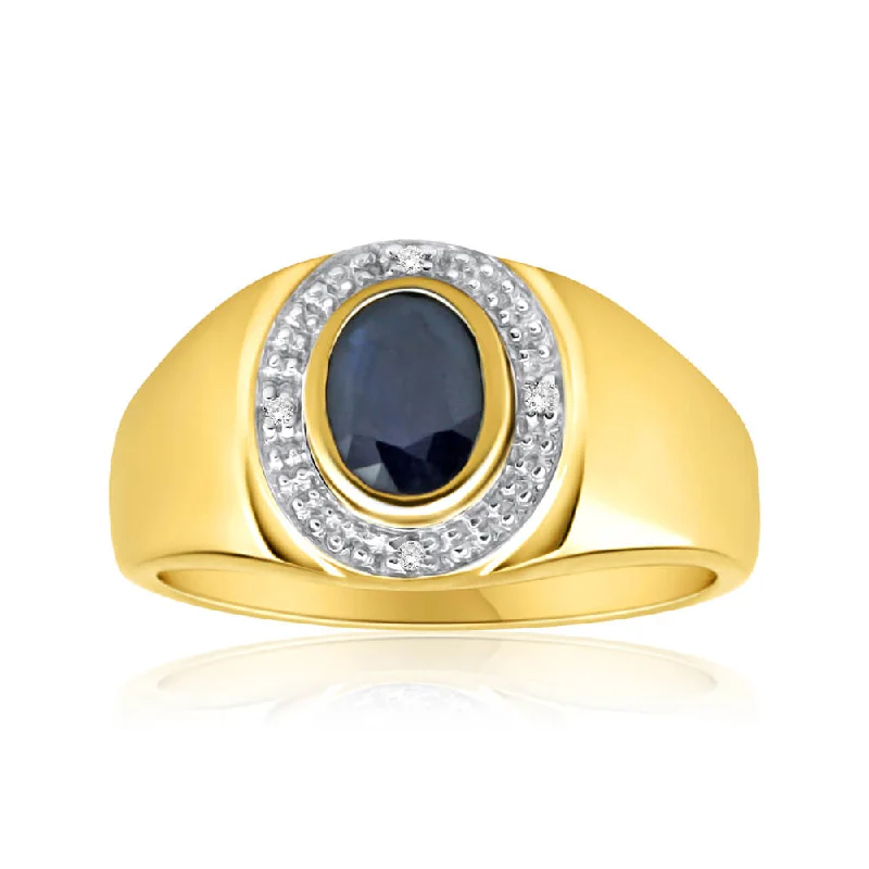 Flat design rings-9ct Yellow Gold Natural Black Sapphire + Diamond Gents Ring