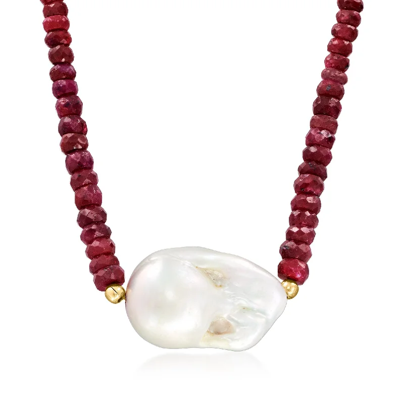 Vivid druzy necklaces-Ross-Simons 24x13mm Cultured Baroque Pearl and Ruby Bead Necklace With 18kt Gold Over Sterling