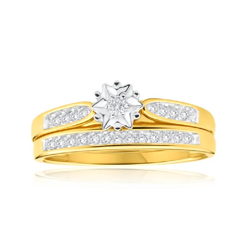 Soft open rings-9ct Yellow Gold 2 Ring Bridal Set With 1/4 Carats Of Channel Set Diamonds