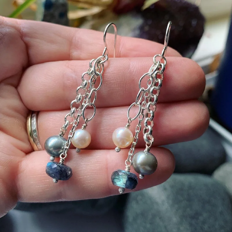 Thin drop earrings-Labradorite, Pearl and Sterling Silver Earrings