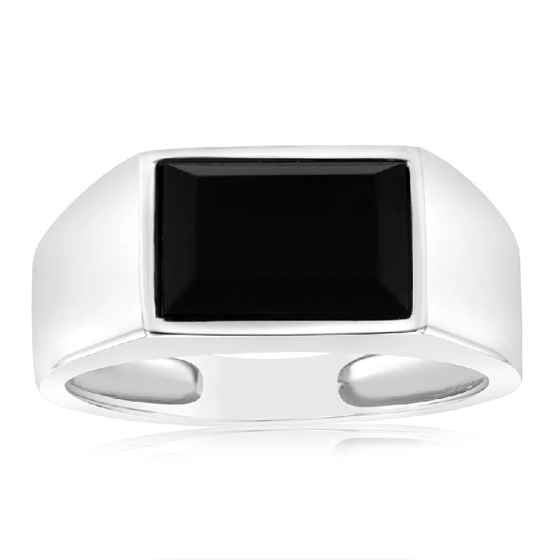 Tide theme rings-Sterling Silver Rectangular Black Onyx Ring