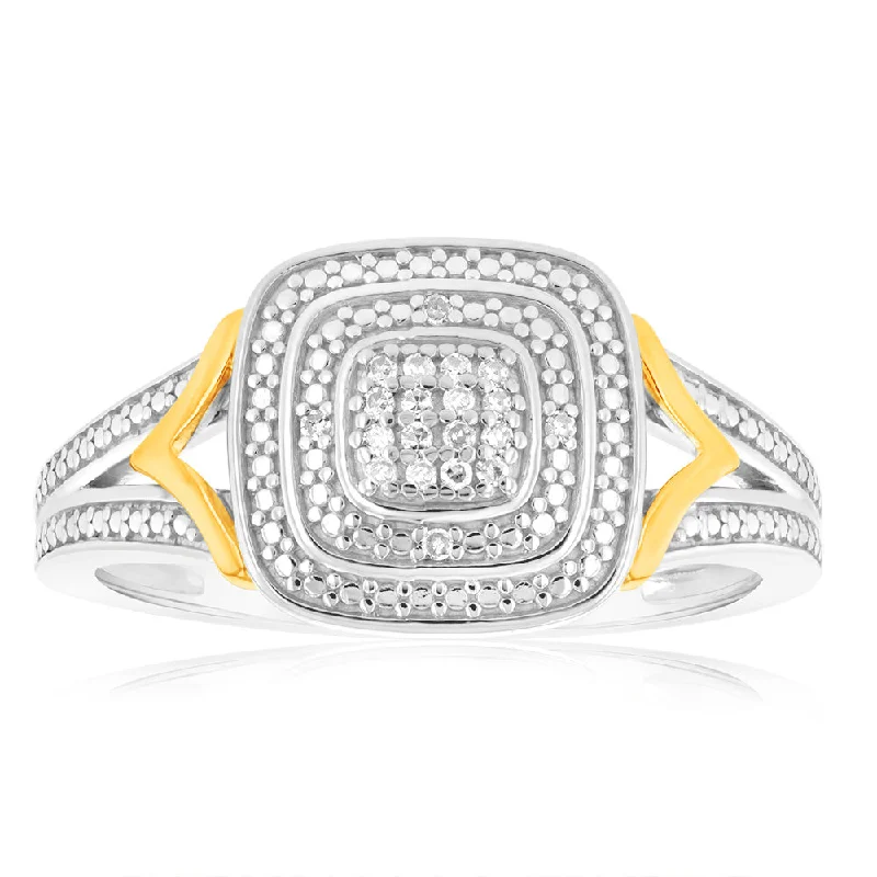 Wide stone rings-Sterling Silver & 9ct Yellow Gold Diamond Cushion Ring with 20 Brilliant Cut Diamonds