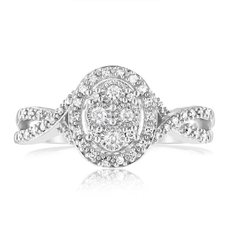 Edwardian style rings-Sterling Silver 1/5 Carat Diamonds Oval Cluster Ring wirh 50 Round brilliant Cut Diamonds