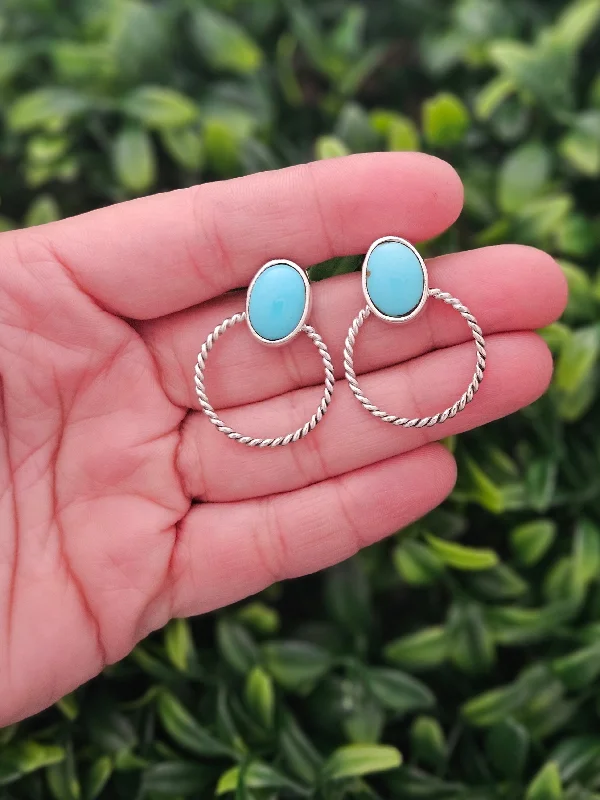 Bent drop earrings-Sterling Silver Turquoise Hoop Earrings