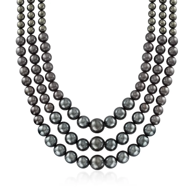 Strong clasp necklaces-Ross-Simons 6-12mm Black Shell Pearl Graduated 3-Strand Necklace With Sterling Silver