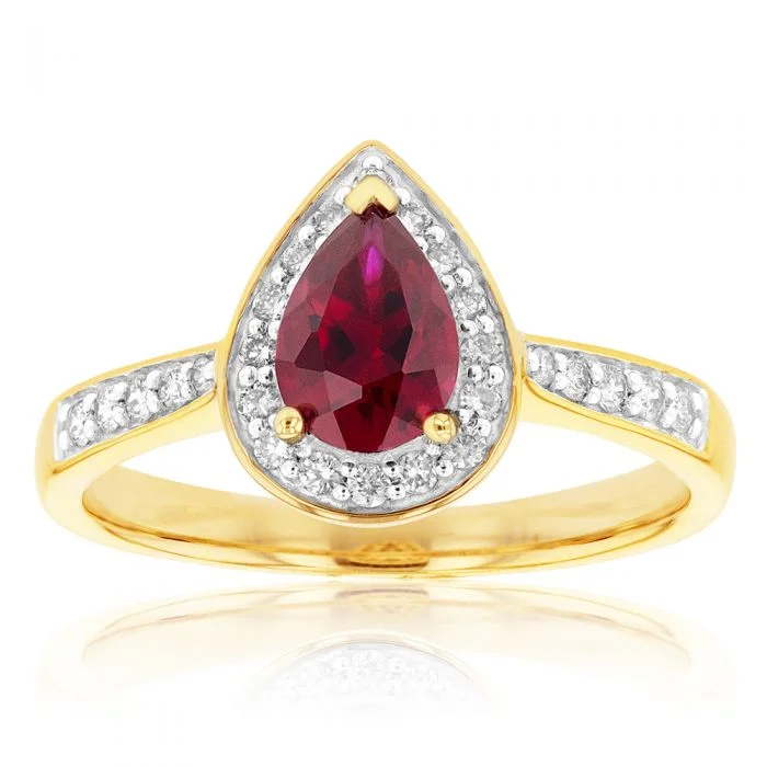 Birch grain rings-9ct Yellow Gold Created Ruby and 1/5 Carat Diamond Pear Halo Ring