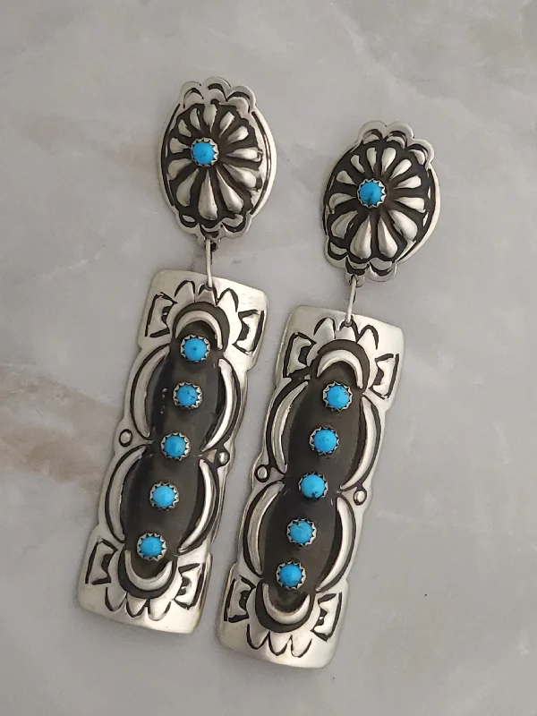 Round dangle earrings-Stamped Sterling Silver Turquoise Stone Concho Dangle Earrings