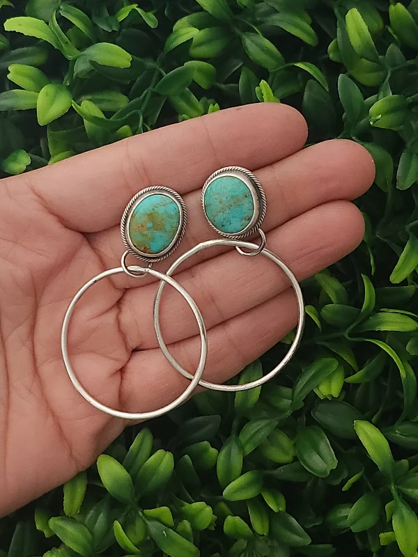 Worn medallion earrings-Stamped Sterling Silver Turquoise Hoop Earrings