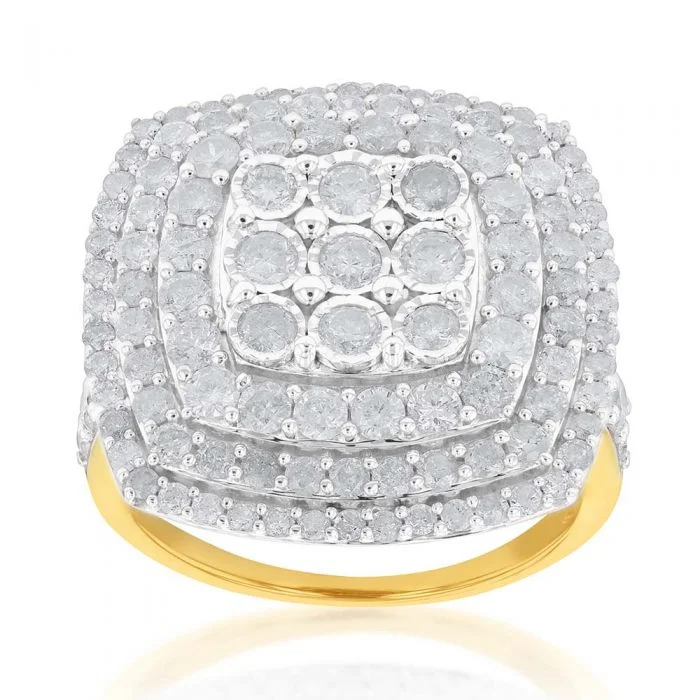 Slim stack rings-Sterling Silver and 9ct Yellow Gold 3 Carat Diamond Cluster Ring