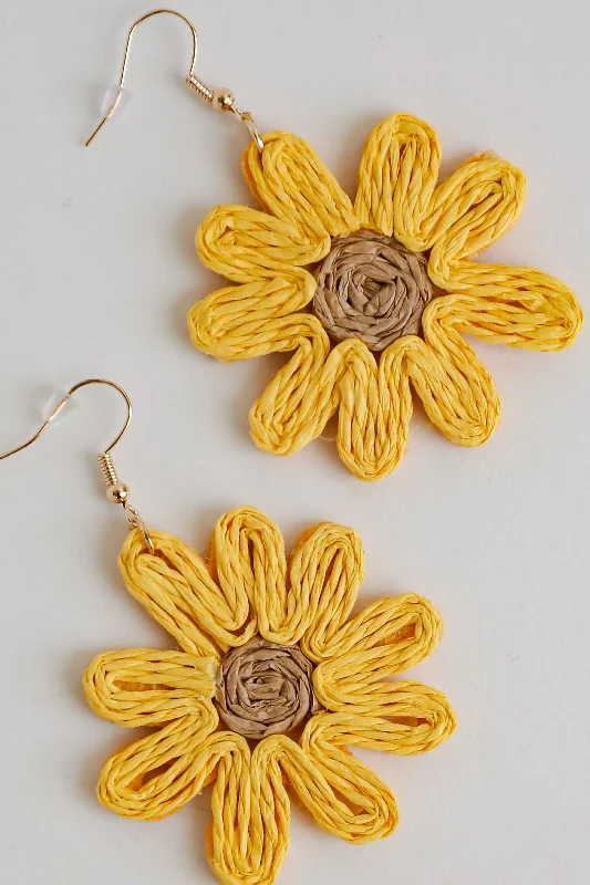 Lanka tile earrings-FINAL SALE - Audrey Yellow Straw Sunflower Statement Earrings