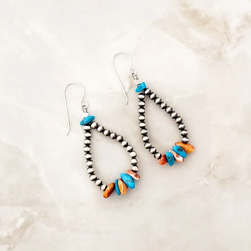 Bent drop earrings-Small Navajo Pearls Blue Turquoise & Spiny Oyster Chip Tear Drop Dangle Earrings Sterling Silver NPE009