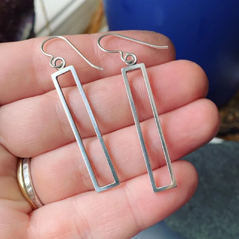 Shiny art earrings-Sterling Silver Open Rectangle Earrings