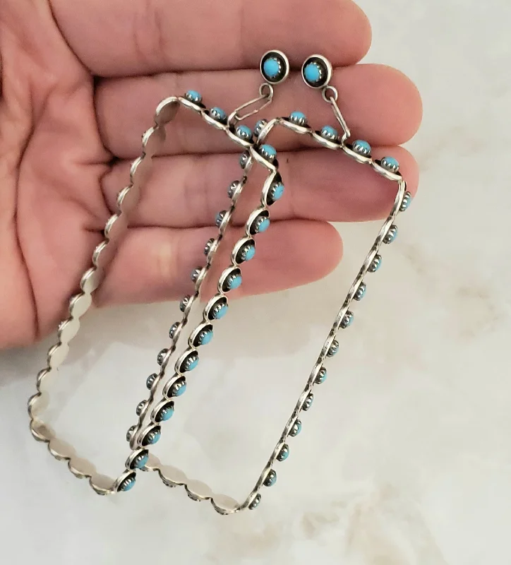 Bead-twisted earrings-Sterling Silver Zuni Turquoise Rectangular Dangle Earrings