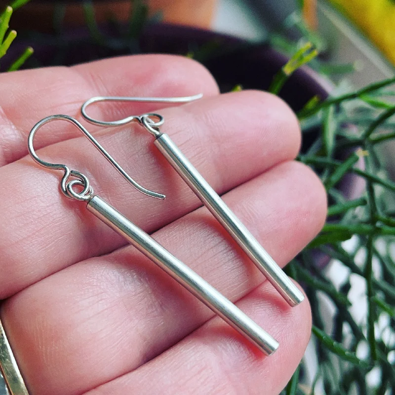 Thin drop earrings-Sterling Silver Rod Earrings