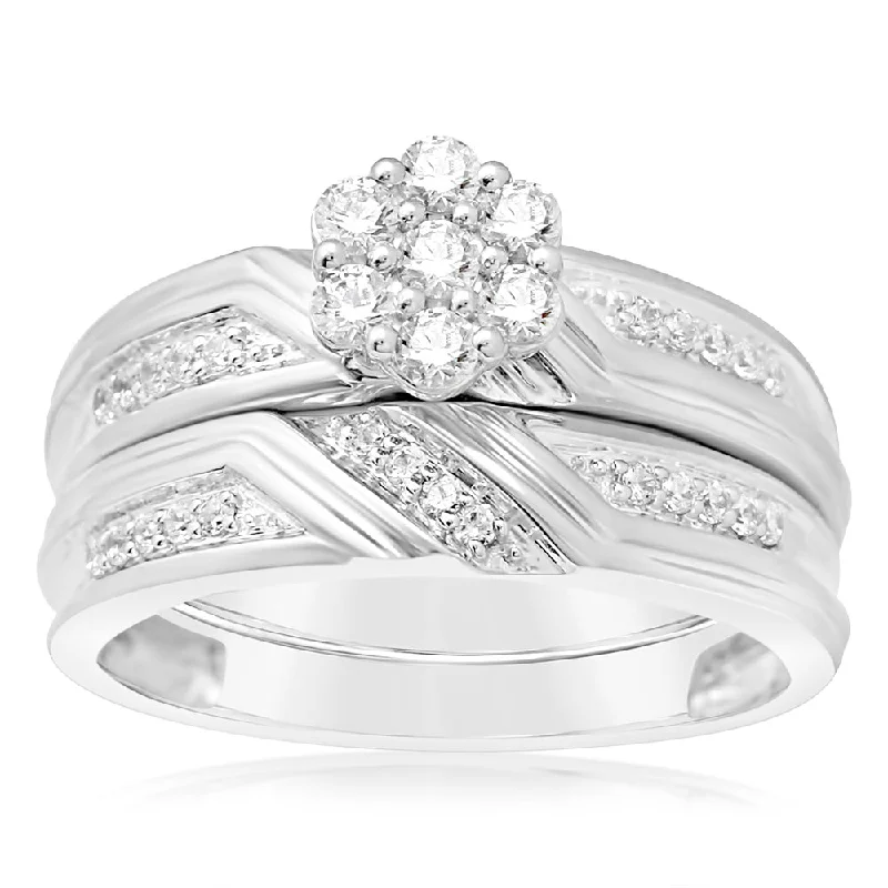 Spinel cut rings-Luminesce Lab Grown 2/5 Carat Diamond Flower Shaped Bridal Set Ring in 9ct White Gold