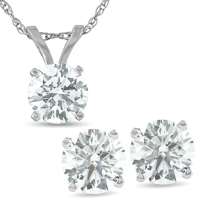 Spinel necklaces-2 Cttw Diamond Solitaire Necklace & Studs Earrings Set 14K White Gold