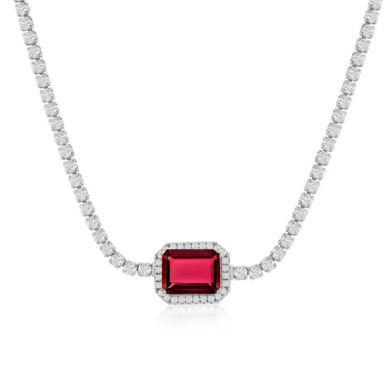 Drifting stone necklaces-Sterling Silver Asscher-Cut CZ Tennis Choker (Blue Or Red)