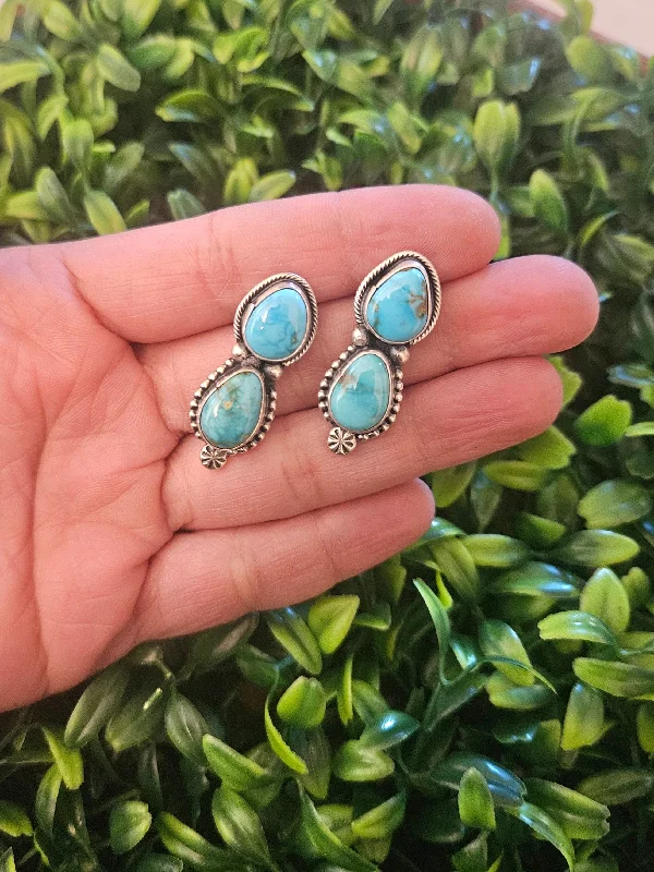 Flat drop earrings-Stamped Sterling Silver Sonoran Turquoise 2 Stone Earrings