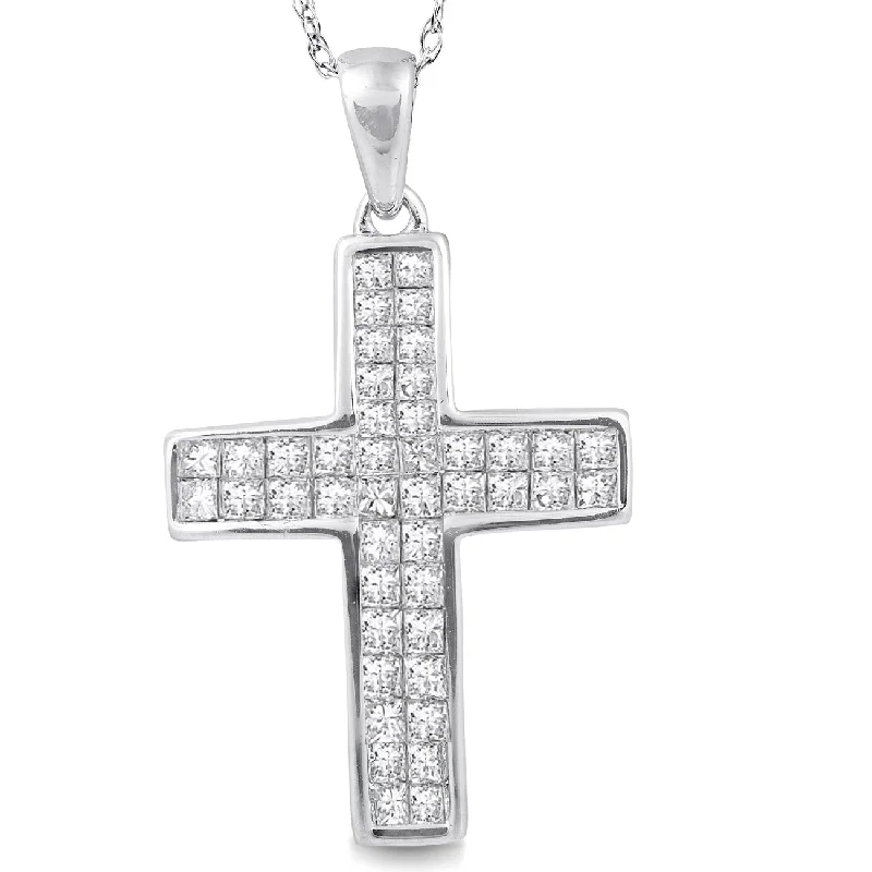 Lanka style necklaces-1 Ct Princess Cut Diamond Cross Pendant 10k White Gold & 18" Chain 1" Tall