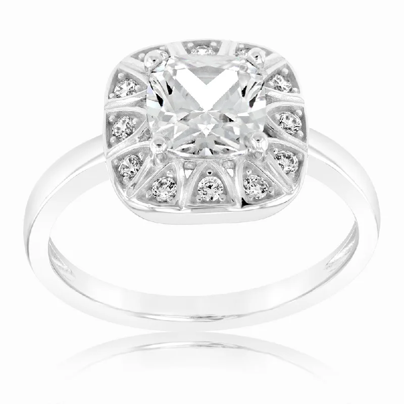 Hand-shiny rings-Sterling Silver Rhodium Plated Princess Cut Cushion Cubic Zirconia Ring