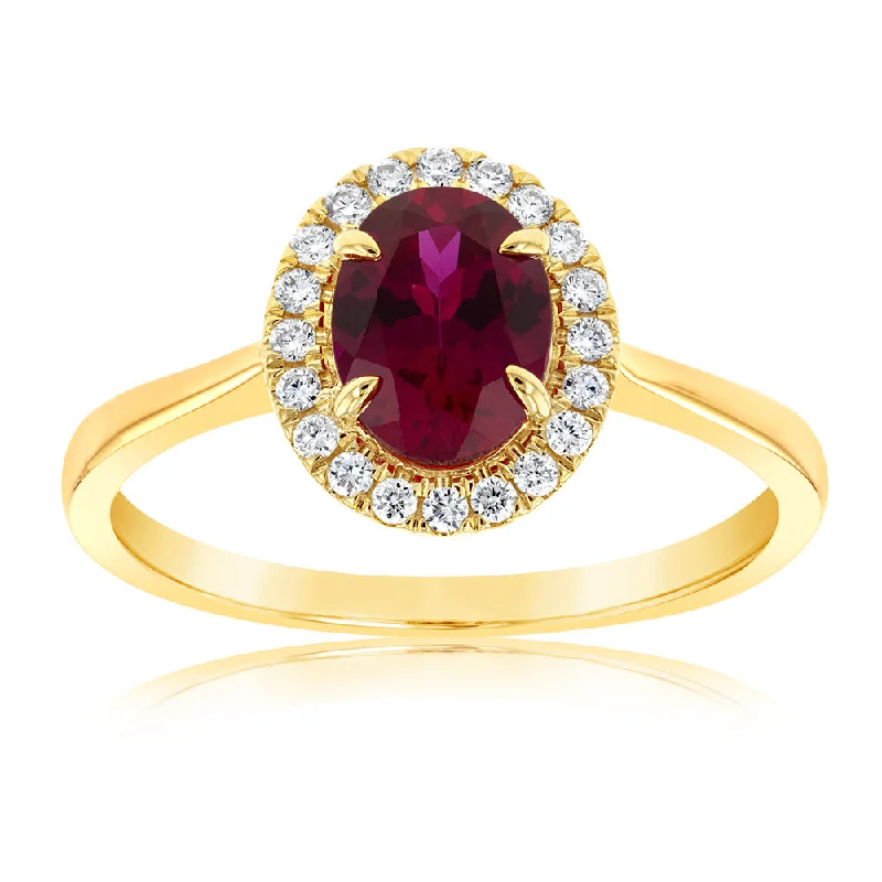 Quirky rings-9ct Yellow Gold Created Oval Ruby And Diamond Halo Ring