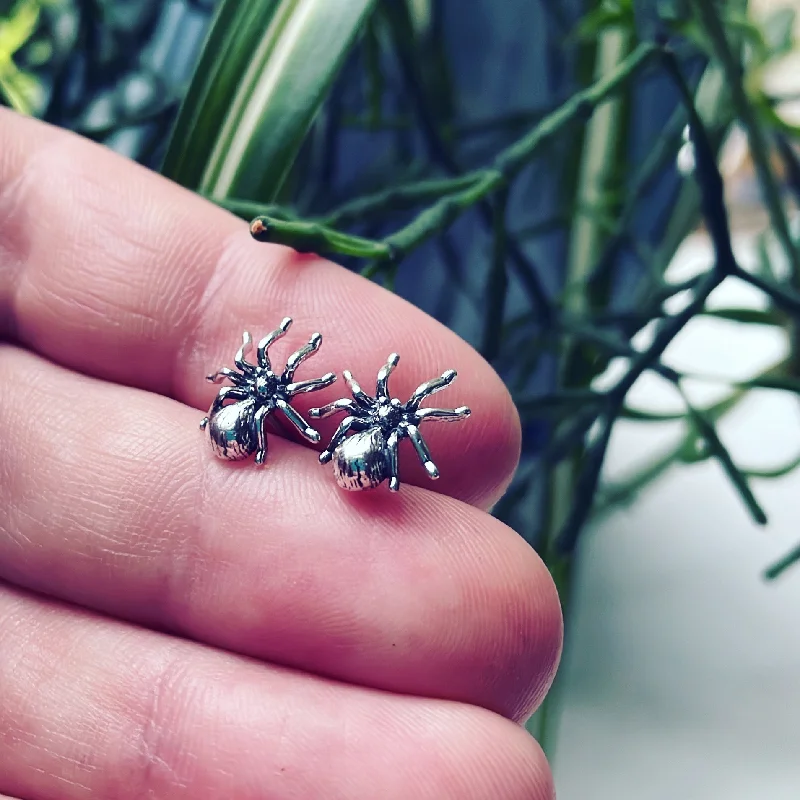 Thin texture earrings-Sterling Silver Spider Post Earrings