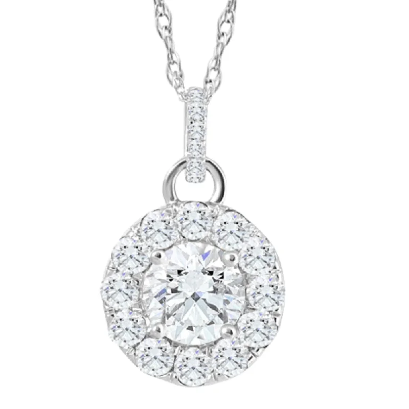 Sapphire drop necklaces-2 Ct TW Diamond (1ct center) Halo Pendant 10k White Gold Necklace