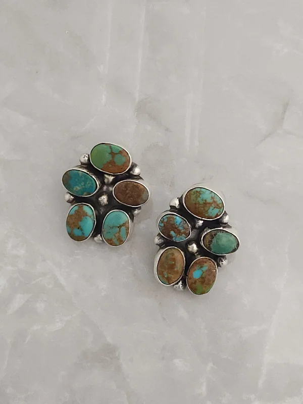 Bead strand earrings-Stamped Sterling Silver Turquoise 5 Stone Earrings