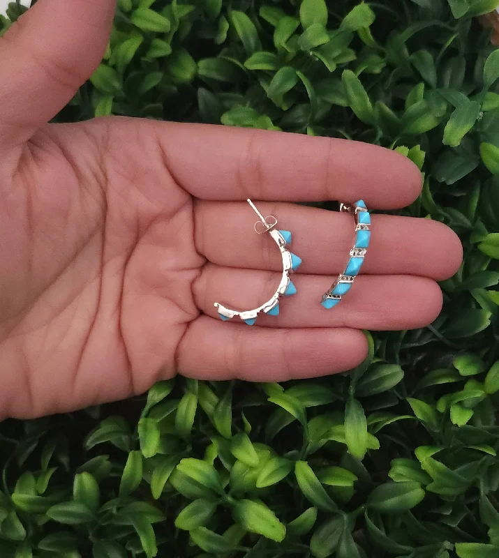 Fine thread earrings-Sterling Silver Turquoise Half Hoop Earrings