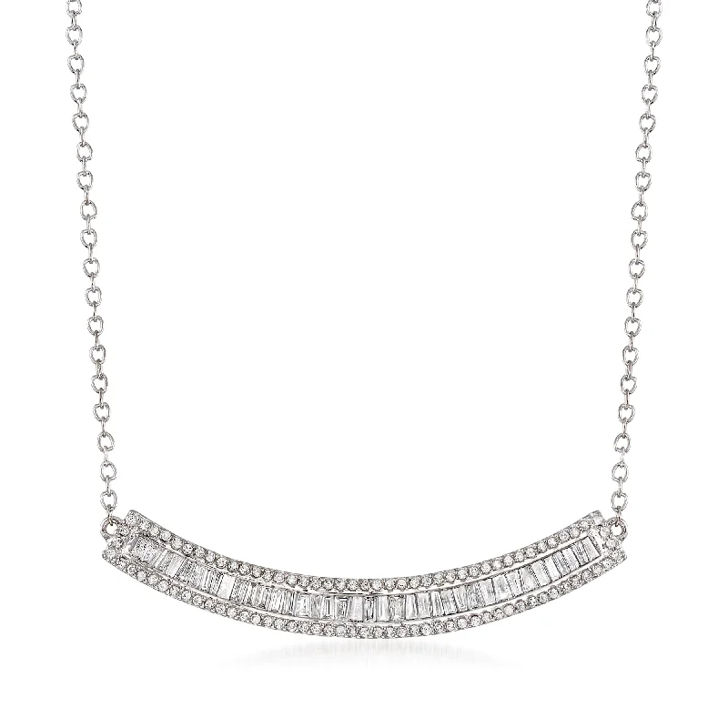 Bead-twisted necklaces-Ross-Simons Baguette and Round Diamond Curved Bar Necklace in 14kt White Gold