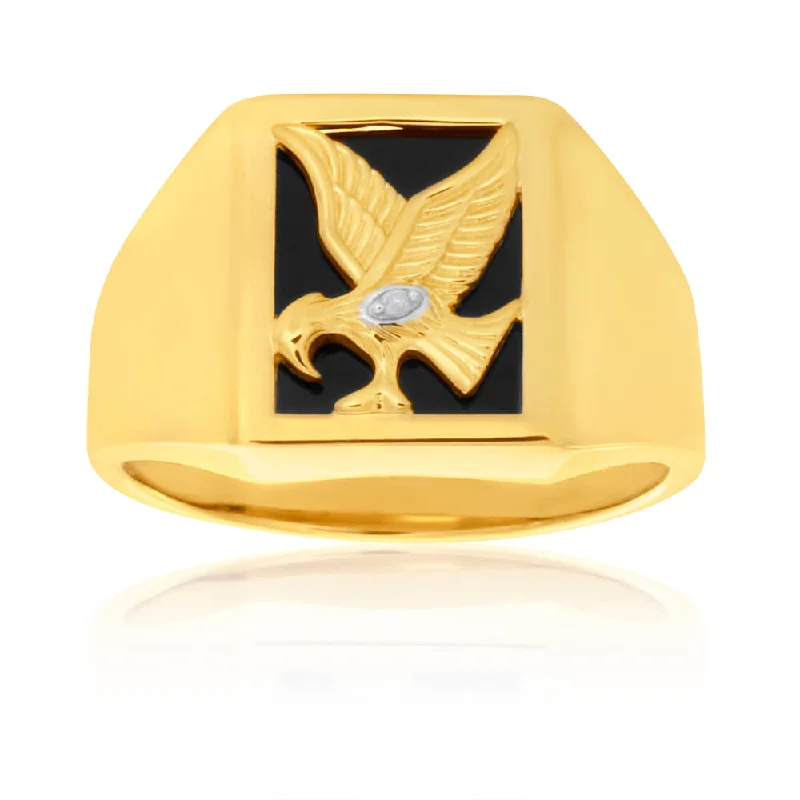 Flax thread rings-9ct Yellow Gold Eagle Gents Ring with Onyx and Diamond