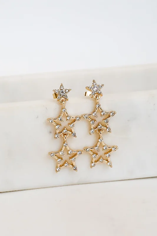 Birch wood earrings-Rachel Gold Rhinestone Star Drop Earrings