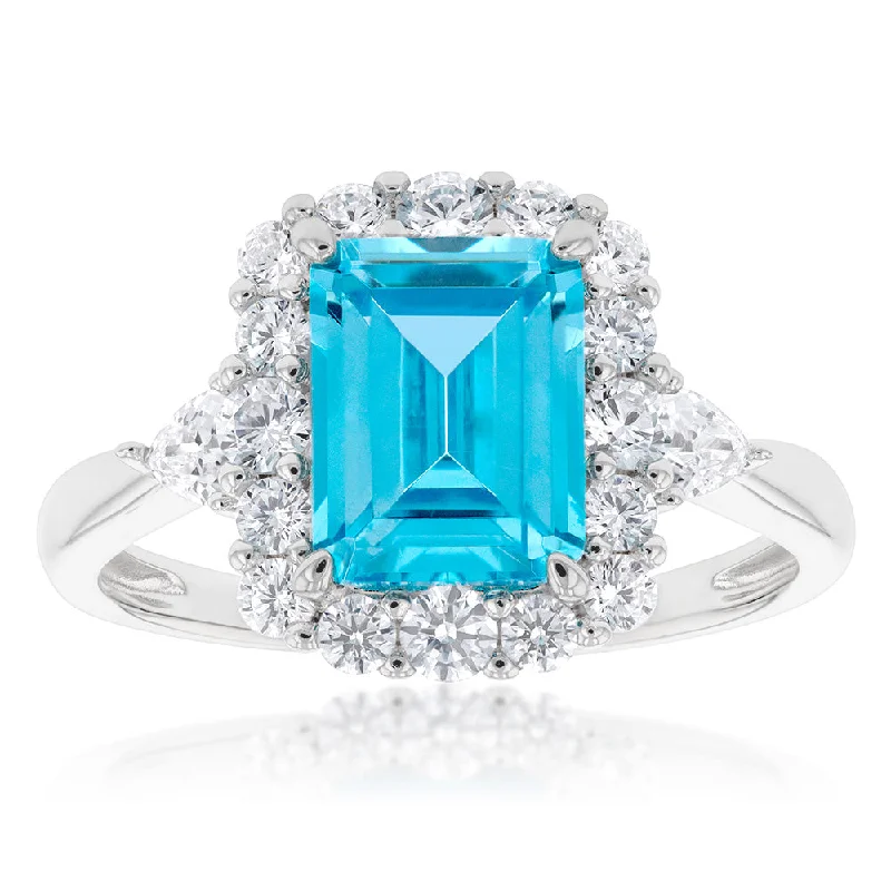 Bent shank rings-Sterling Silver Rhodium Plated White & Aquamarine Cubic Zirconia Emerald Cut Ring