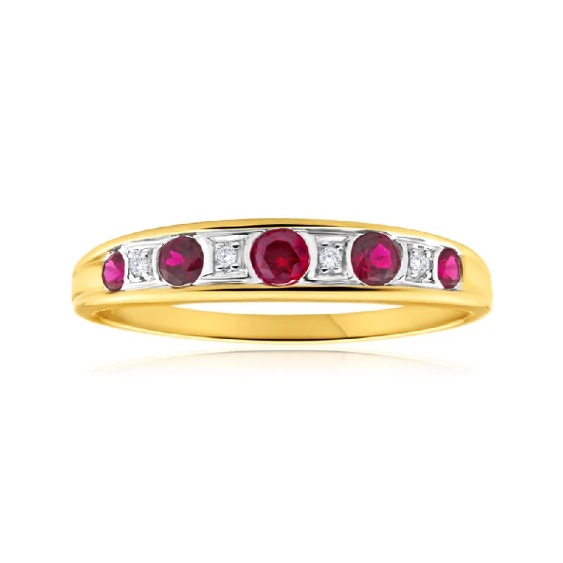 Bright star rings-9ct Yellow Gold 5 Created Ruby and Diamond Graduated Ring