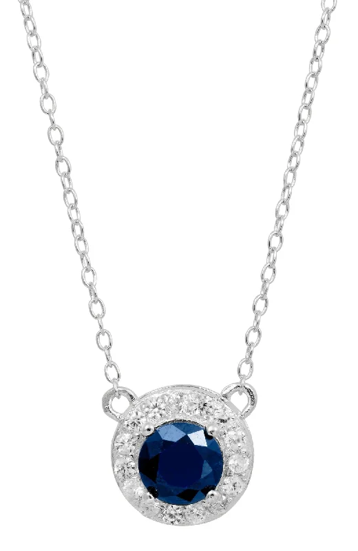 Quirky bead necklaces-STERLING SILVER NATURAL BLUE SAPPHIRE AND WHITE CZ PENDANT NECKLACE