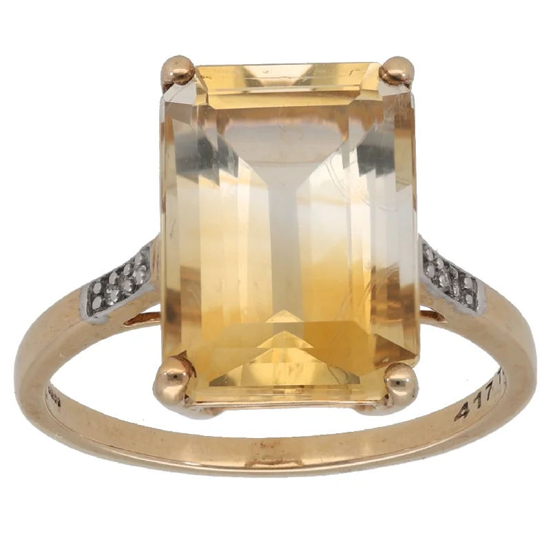 Worn deco rings-9ct Gold Citrine & 0.03ct Diamond Dress/Cocktail Ring Size Q