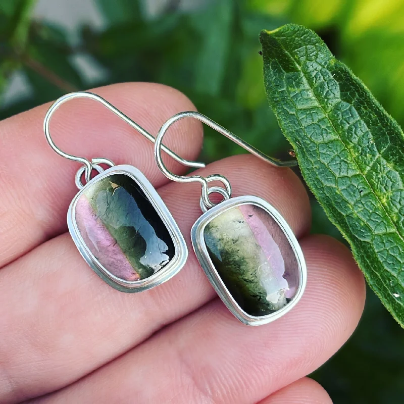 Slim rose earrings-Watermelon Tourmaline and Sterling Silver Earrings